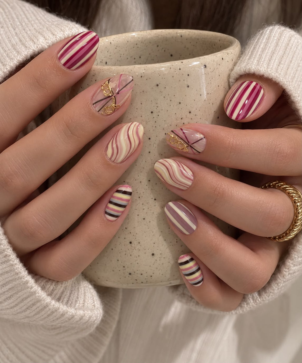 Color Lines press-on nails worn on model Daisam