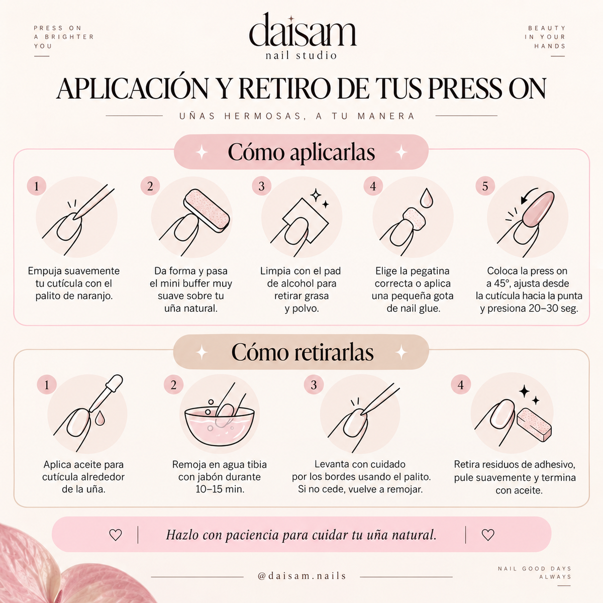 Guía Daisam de aplicación y retiro de uñas press-on