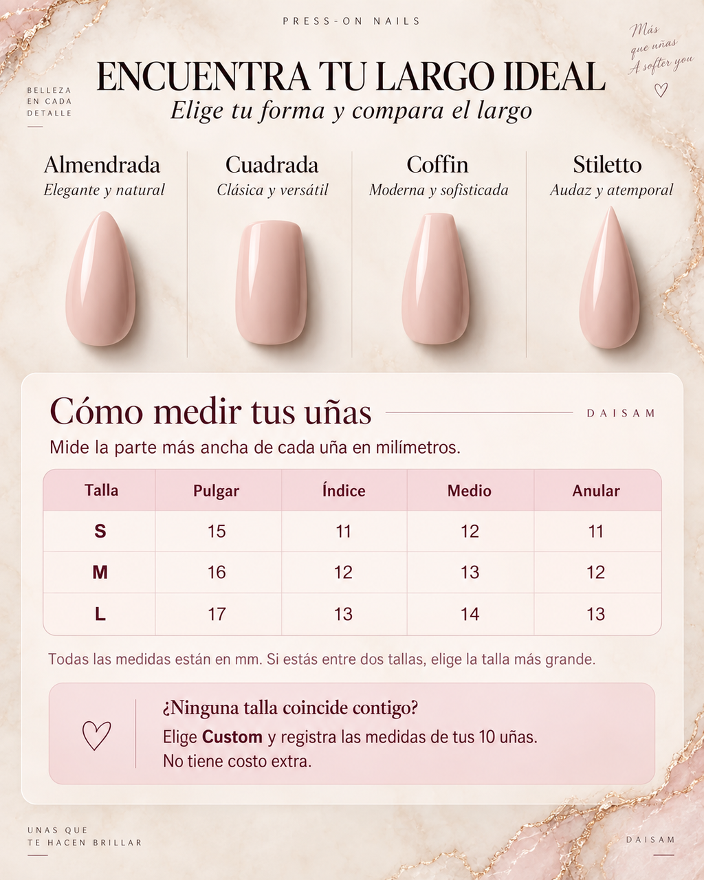 Guía DAISAM de formas y cómo medir tus uñas