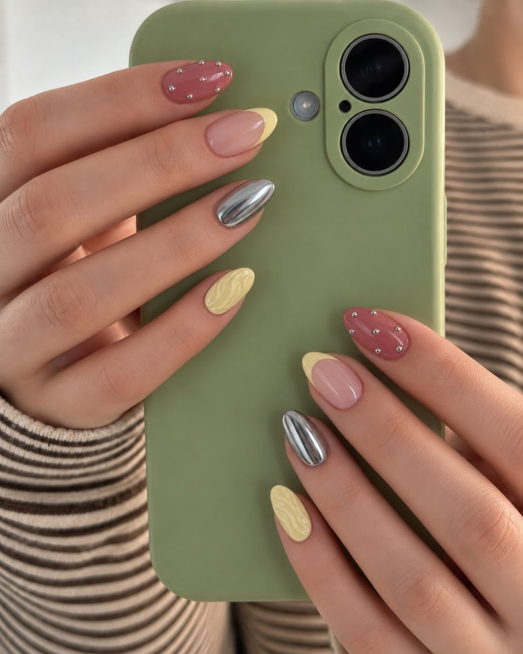Golden Citrus press-on nails worn on model Daisam
